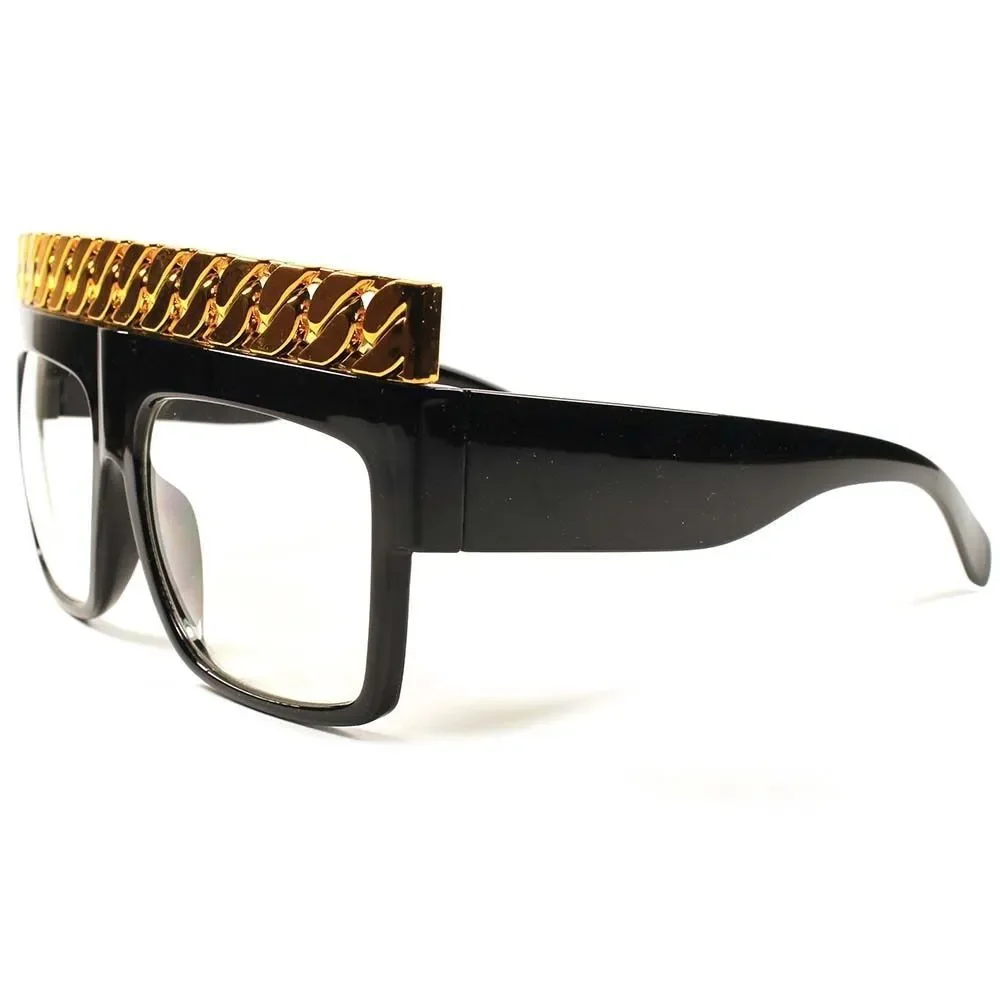 Look Rich Designer Hip Hop Rapper Gold Cuban Link Chain Top Square Clear Glasses